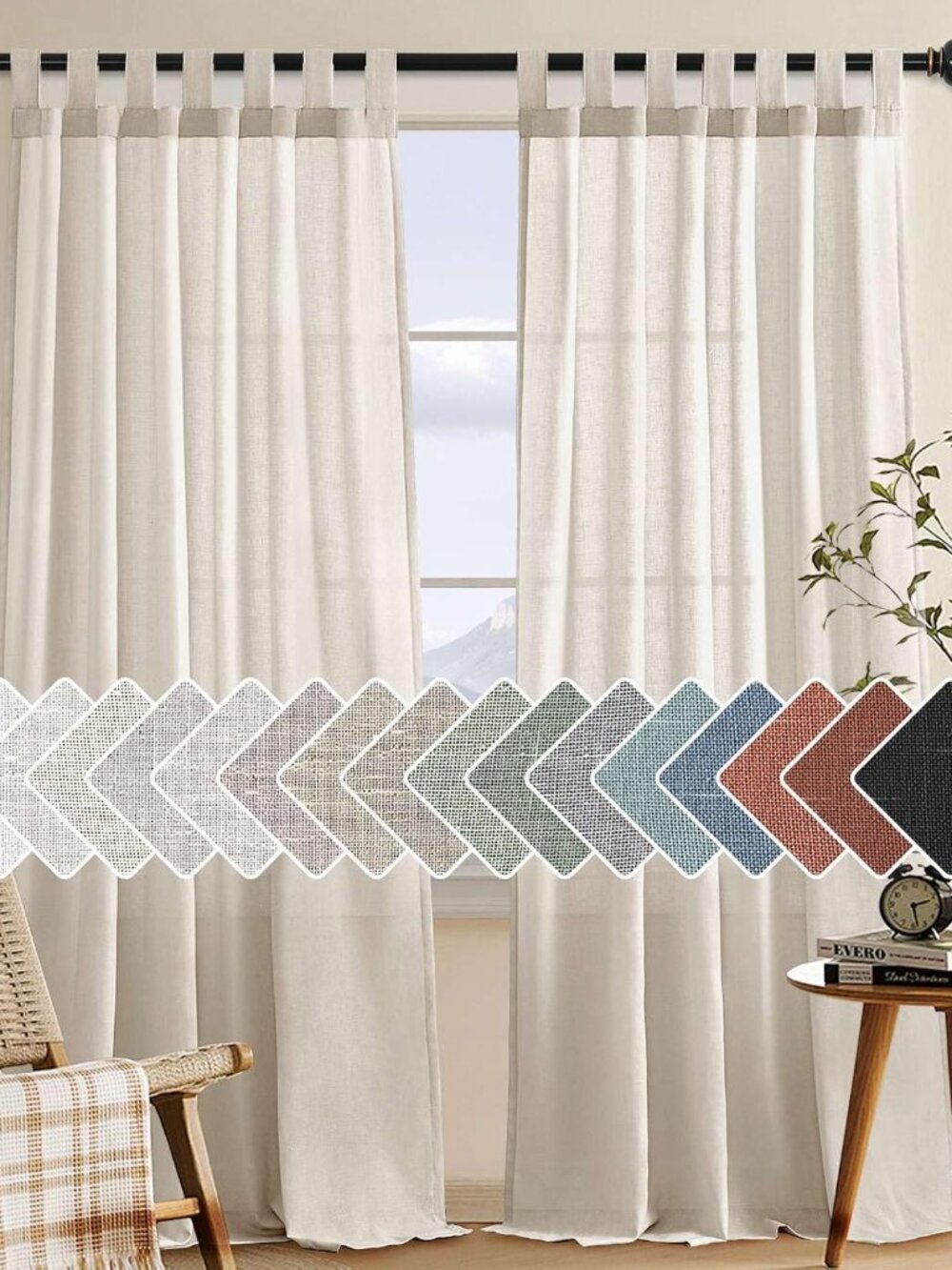 Natural Linen Tab Top Curtains 84 Inch Length for Living Room 2 Panel Drape Semi